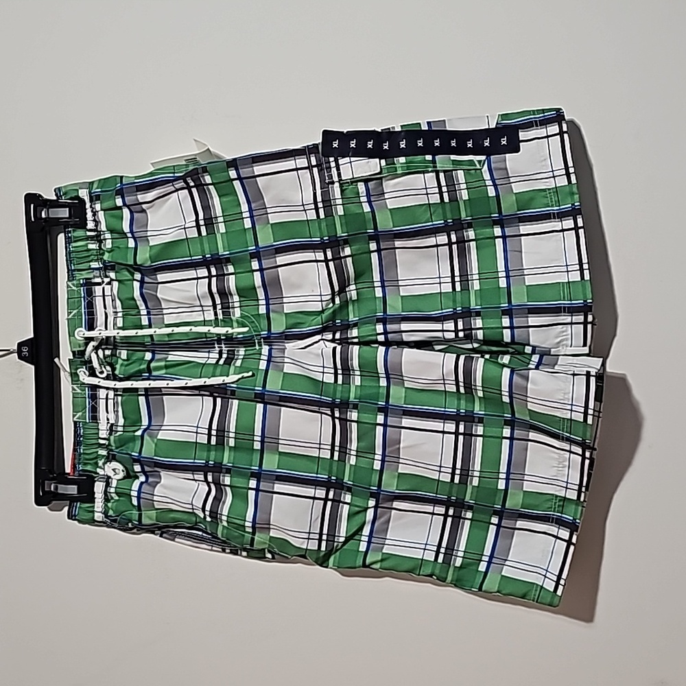 New GAP Swim Superlastic Trunks Green Gray Plaid Sz Xl